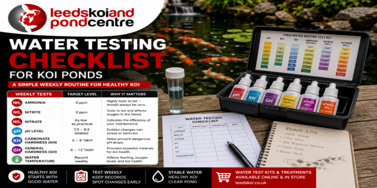 Water testing checklist for koi ponds showing weekly pond water testing routine.