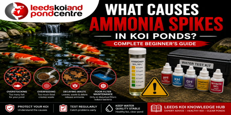 Healthy koi swimming in a pond with an ammonia warning and water testing equipment illustrating ammonia spikes in koi ponds.