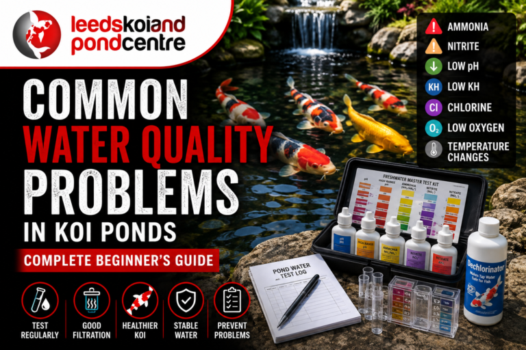 Common water quality problems in a koi pond with healthy koi and pond water testing equipment