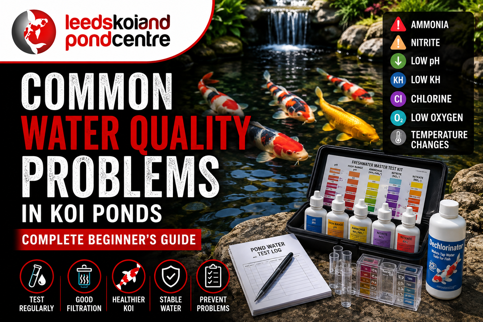 Common water quality problems in a koi pond with healthy koi and pond water testing equipment