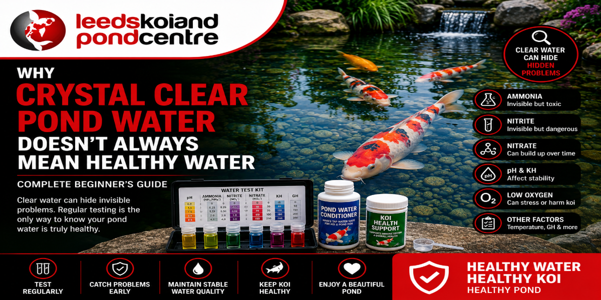 Crystal clear koi pond water that can still have hidden water quality problems