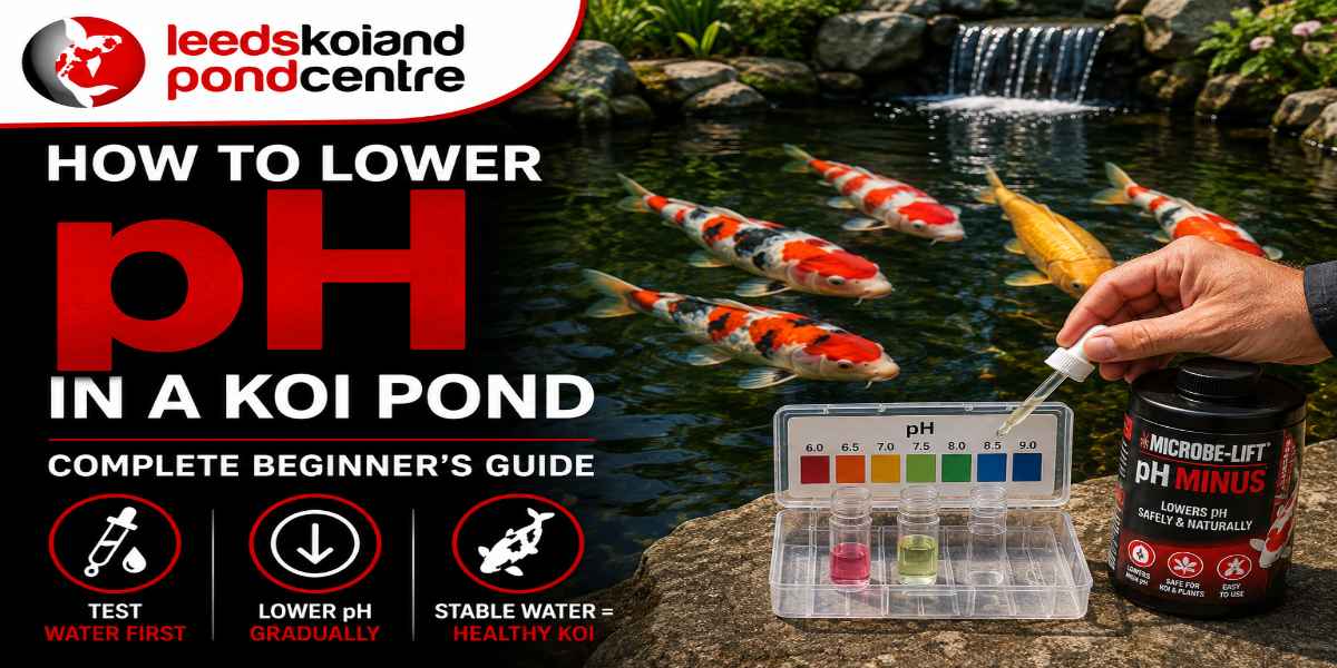 Koi pond owner lowering pond pH safely using Microbe-Lift pH Minus while testing water quality.