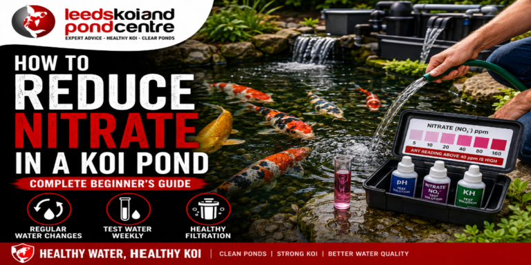 Koi pond owner testing nitrate levels while carrying out a partial water change to improve pond water quality.