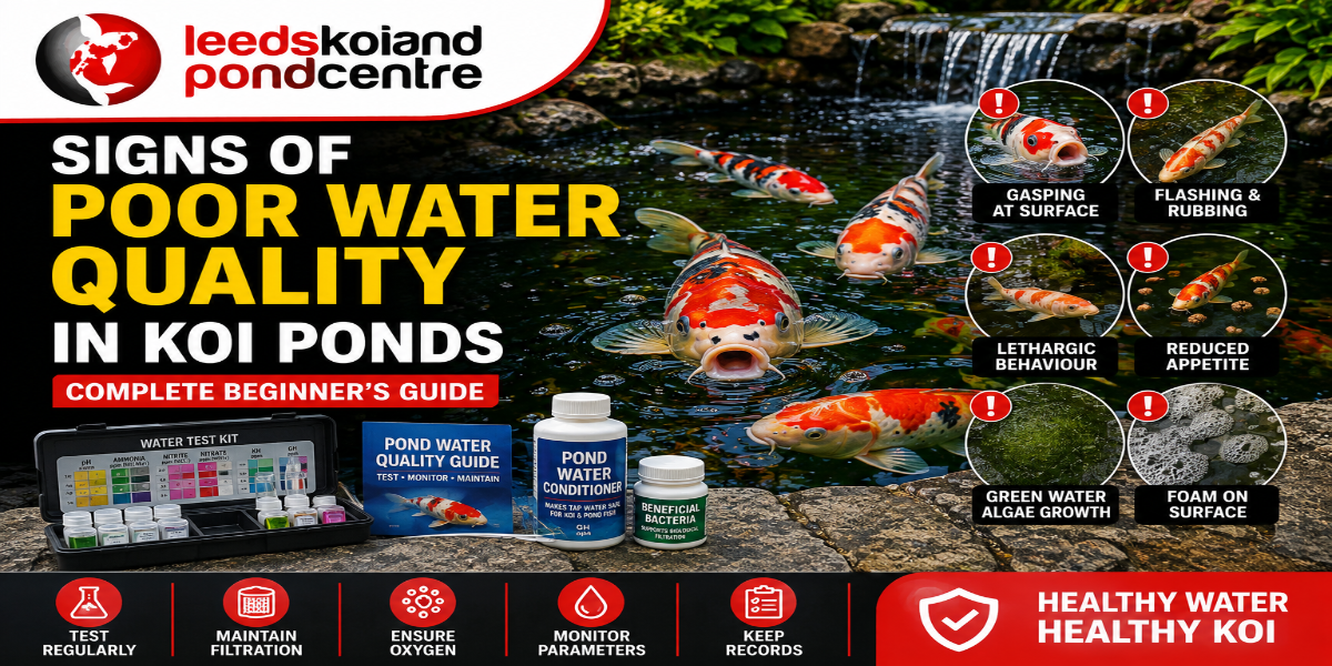 Signs of poor water quality in koi ponds including gasping koi and pond water testing
