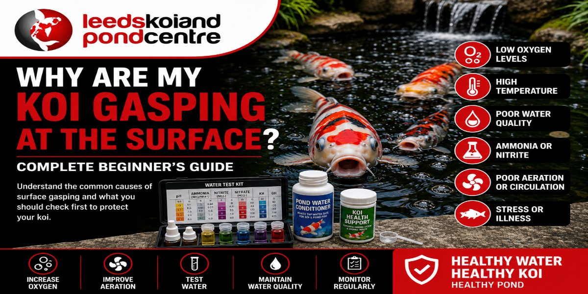 Koi gasping at the surface of a pond due to possible low oxygen or water quality problems